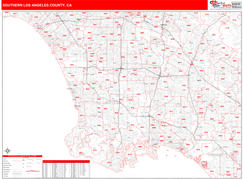 Southern Los Angeles County Metro Area Digital Map Red Line Style